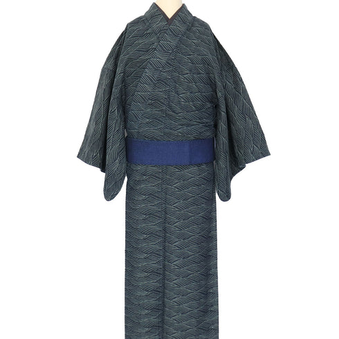 男物 リサイクル 身丈138.5cm 裄72.2cm 単衣 デニム着物 既製品 ネイビー SSサイズ お洒落 カジュアル 木綿 洗える着物 棒衿 Sランク